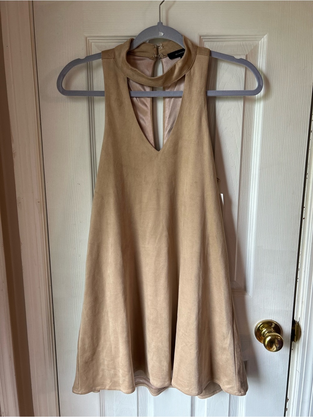 Olivaceous Sleeveless Tan Choker A-Line Mini Dress